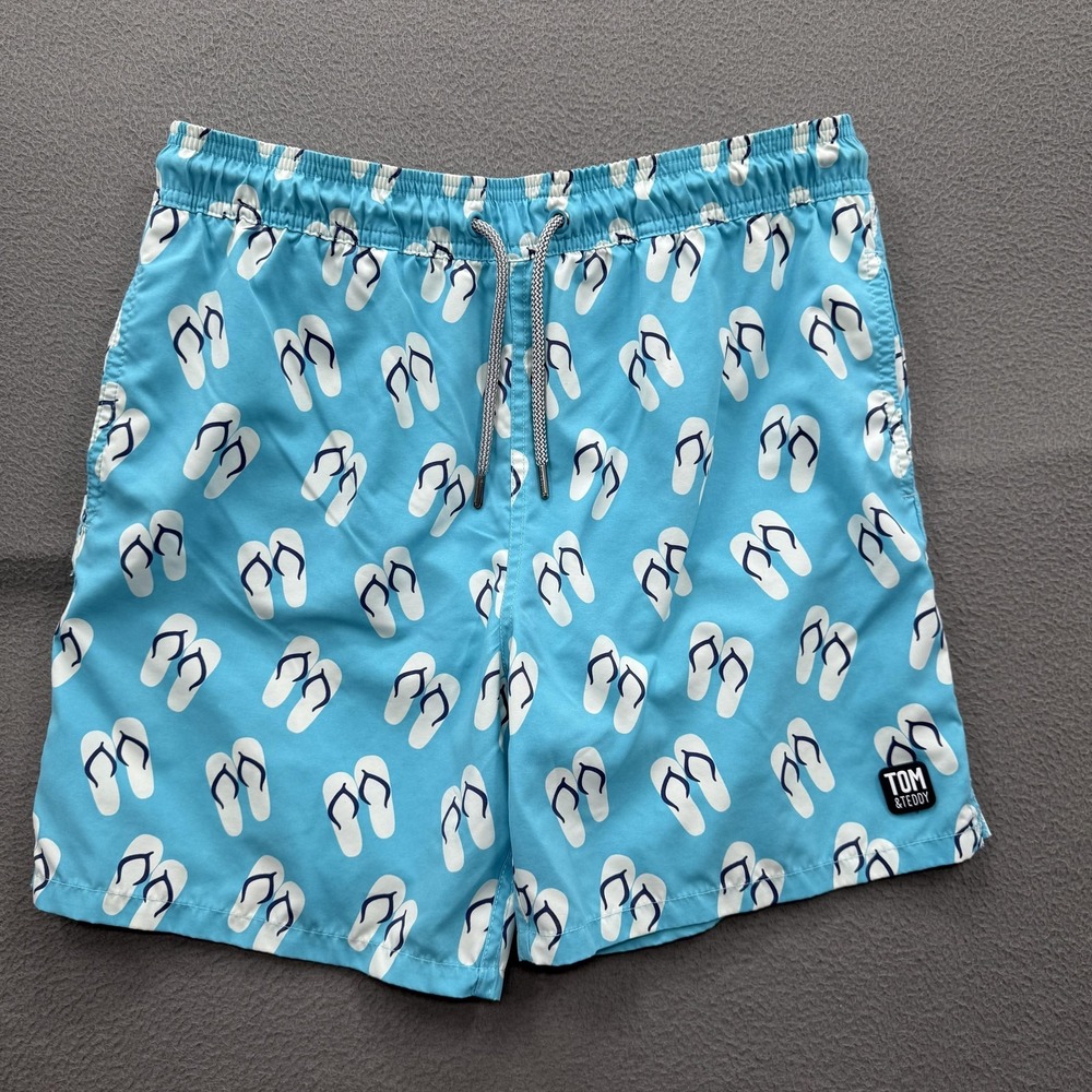 Tom & Teddy Swim‎ Shorts Mens Medium Blue Flip Flop Trunks Lined Quick Dry Beach